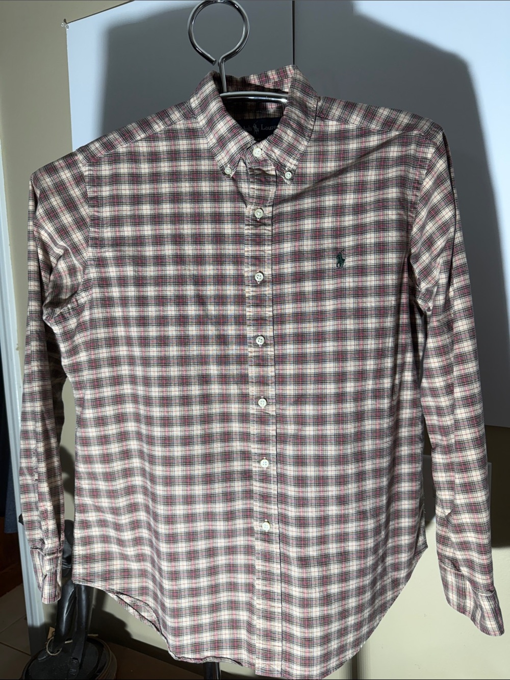 Ralph Lauren Men's Burgundy, White and Gray Plaid Button-Down Shirt